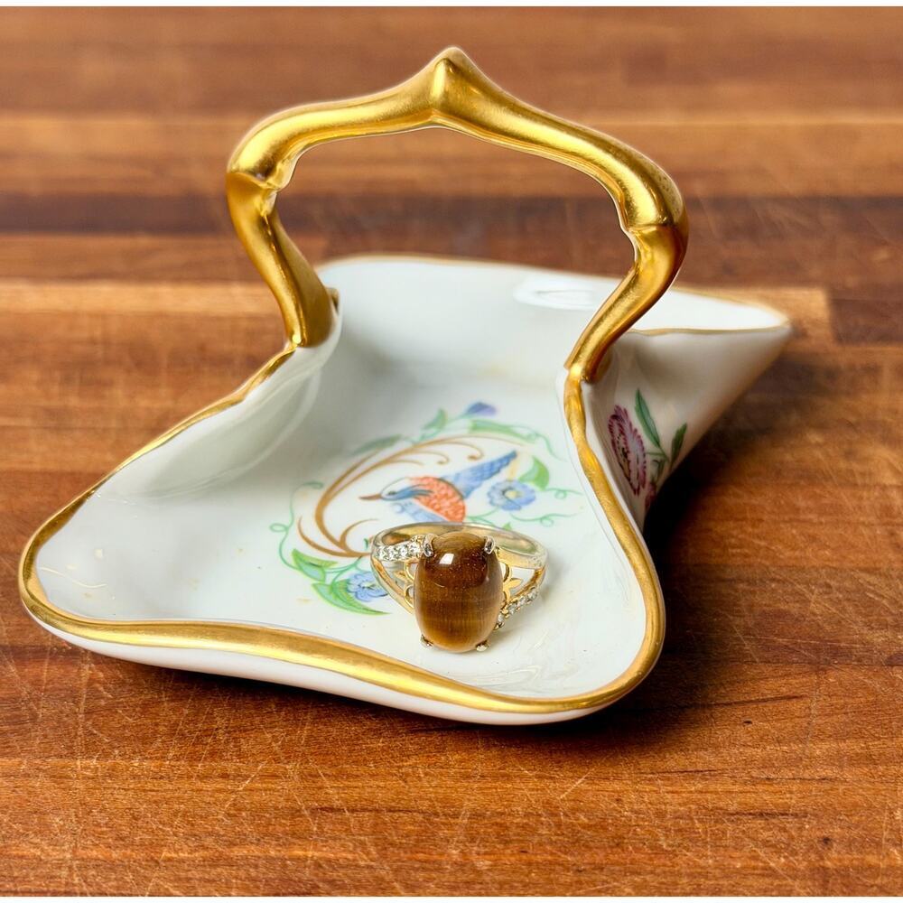 Vintage Limoges Castel Porcelain Basket Dish: Bird Floral Gold Gilt Handle - Picture 15 of 15